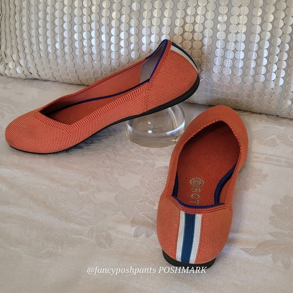 rare!ROTHY'S orange flats with blue and white stripe back mesh slip-on shoe - Picture 12 of 17